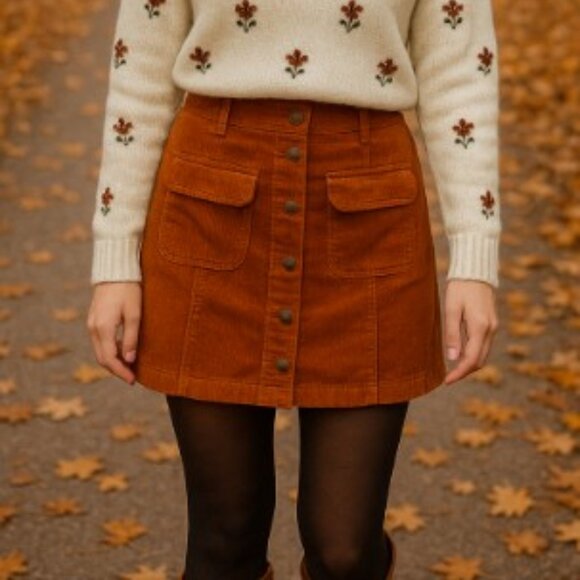 LOFT Outlet Corduroy Skirt Women's Size 0 Button Front Rust Orange Pockets Fall - Picture 3 of 7